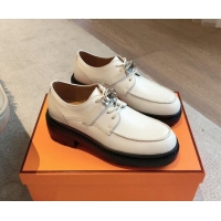 Fashion Luxury Hermes First Lace-up derby shoe in Calfskin with Kelly Buckle Ivory White 907045