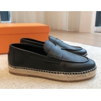 Durable Hermes Trip Espadrilles Flat in Grained Calfskin Black 907048