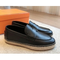 Best Price Hermes Trip Espadrilles Flat in Calfskin Leather Black 907052