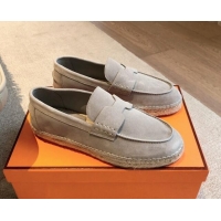 Luxury Hermes Trip Espadrilles Flat in Suede Light Grey 907056