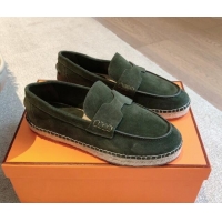 Luxury Discount Hermes Trip Espadrilles Flat in Suede Dark Green 907059