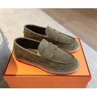 AAAAA Hermes Trip Espadrilles Flat in Suede Khaki Green 907061