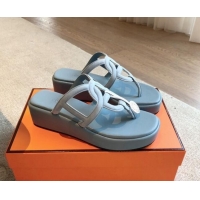 Buy Duplicate Hermes Egerie Wedge Thong Slide Sandals in Suede Dusty Blue 907064