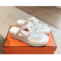 Super Quality Hermes Egerie Wedge Thong Slide Sandals in Nappa Calfskin White 907066