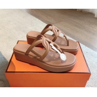 Duplicate Hermes Egerie Wedge Thong Slide Sandals in Nappa Calfskin Light Brown 907067