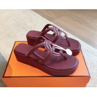 Buy Discount Hermes Egerie Wedge Thong Slide Sandals in Nappa Calfskin Dark Burgundy 907068