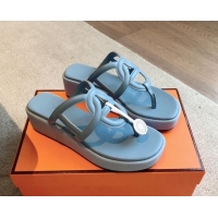 Sumptuous Hermes Egerie Wedge Thong Slide Sandals in Nappa Calfskin Light Blue 907069