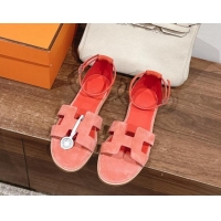 Stylish Hermes Santorini Flat Sandals in Suede Peachy Pink 909001