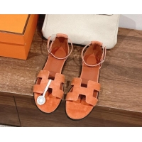 Unique Style Hermes Santorini Flat Sandals in Suede Orange 909003