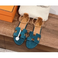 Best Price Hermes Santorini Flat Sandals in Suede Peacock Green 909002