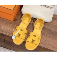 Perfect Hermes Santorini Flat Sandals in Suede Yellow 909004