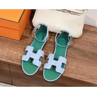 Grade Quality Hermes Santorini Flat Sandals in Suede Blue/Green 909005