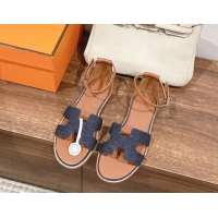 Pretty Style Hermes Santorini Flat Sandals in Dark Blue Denim 909006