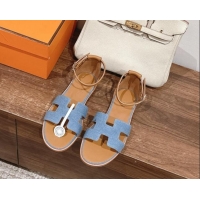 Good Quality Hermes Santorini Flat Sandals in Light Blue Denim 909007