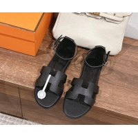 Shop Duplicate Hermes Santorini Flat Sandals in Grained Calfskin Black 909008