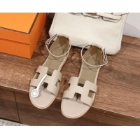 Popular Style Hermes Santorini Flat Sandals in Grained Calfskin Light Grey 909009