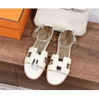 Purchase Hermes Santorini Flat Sandals in Grained Calfskin White 909010