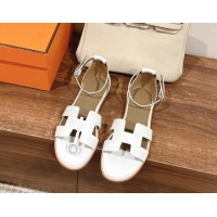 Best Grade Hermes Santorini Flat Sandals in Smooth Calfskin White 909018