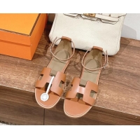 Trendy Design Hermes Santorini Flat Sandals in Smooth Calfskin Brown 909019