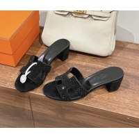 Low Price Hermes Classci Oasis Heel Slides Sandal 5cm in Suede and Strass All Black 909026