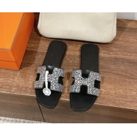 Buy Luxury Hermes Classci Oran Flat Slides Sandal in Suede and Strass Black/Clear 909027