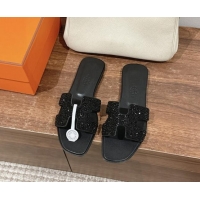 Good Quality Hermes Classci Oran Flat Slides Sandal in Suede and Strass All Black 909028