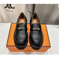 Buy Luxury Hermes Icone Platform Loafers in Calfskin with Kelly Buckle Black 909030