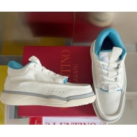 Top Design Valentino Calfskin Leather Mid-Top Runboot Sneakers White/Blue 903068