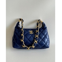 Luxury Cheap Chanel Shiny Lambskin Medium Hobo bag AS4912 Dark Blue 2024