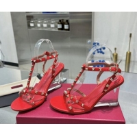 Unique Style Valentino Rockstud Nappa Leather Wedge Sandals 8.5cm with Clear Heel Red 903071