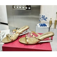 Classic Hot Valentino Rockstud PVC Wedge Slides Sandal 5cm with Clear Heel Gold 903077