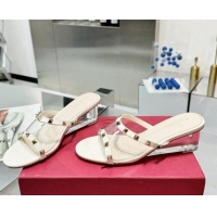 Fashion Luxury Valentino Rockstud PVC Wedge Slides Sandal 5/8.5cm with Clear Heel White 903078