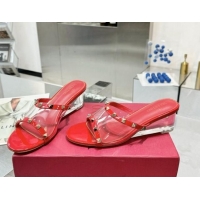 Shop Duplicate Valentino Rockstud PVC Wedge Slides Sandal 5cm with Clear Heel Red 903082