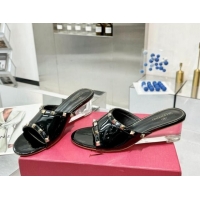 Best Price Valentino Rockstud Patent Calfskin Wedge Slides Sandal 5/8.5cm with Clear Heel Black 903086