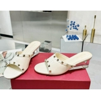 Luxurious Valentino Rockstud Patent Calfskin Wedge Slides Sandal 5/8.5cm with Clear Heel White 903088