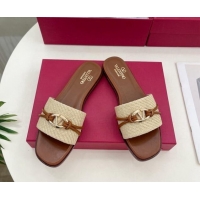 Good Looking Valentino The Bold Edition VLogo Raffia Straw Flat Slides Sandal Brown 0903089