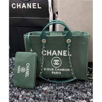 Stylish Cheap Chanel Deauville Cotton & Calfskin Medium Shopping Bag A67001 Olive Green 2024