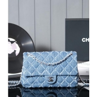 Spot Cheap Chanel Quilted Denim Classic Medium Flap bag A01112 Blue 2024