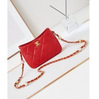 Top Grade Chanel Calfskin Crossbody Mini bag with Metal-Tone and Pearls AS4949 Red 2024