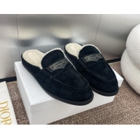 Top Grade Dior Boy Flat Mules in Suede and Shearling Wool Black 930013