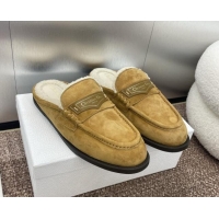 Best Grade Dior Boy Flat Mules in Suede and Shearling Wool Khaki 930014