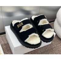 Low Cost Dior Dioract Strap Flat Slides Sandal in Suede and Shearling Black 930019