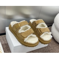 Top Grade Dior Dioract Strap Flat Slides Sandal in Suede and Shearling Light Brown 930020