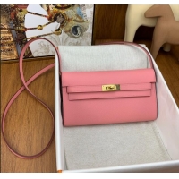 Luxury Cheap Hermes Kelly To Go Wallet Bag in Original Epsom Leather H0801 1Q Milk Shake Pink/Gold 2024 (Full Handmade)