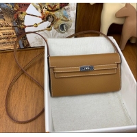 Top Design Hermes Kelly To Go Wallet Bag in Original Epsom Leather H0801 Brown/Silver 2024 (Full Handmade)