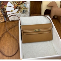 Famous Brand Hermes Kelly To Go Wallet Bag in Original Epsom Leather H0801 Brown/Gold 2024 (Full Handmade)