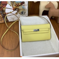 Best Quality Hermes Kelly To Go Wallet Bag in Original Epsom Leather H0801 Chick Yellow/Silver 2024 (Full Handmade)