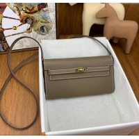 New Fashion Hermes Kelly To Go Wallet Bag in Original Epsom Leather H0801 Etoupe/Gold 2024 (Full Handmade)