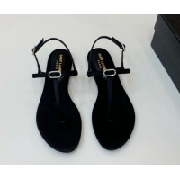 Sophisticated Saint Laurent Satin Flat Thong Sandals with Strass Bow Black 506113