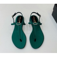 Duplicate Saint Laurent Satin Flat Thong Sandals with Strass Bow Green 506114